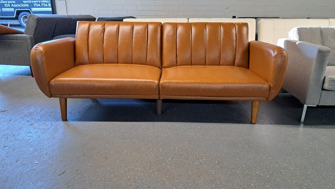 New Modern Futon Sofa Faux Leather Camel See Pictures For Dimensions 