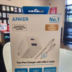 Anker 32 W Two Port USB Cable + Wall Charger Combo | New 