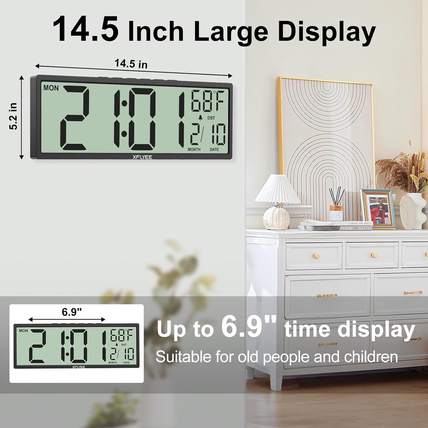 Brand New 14.5'' Large Digital Wall Clock Battery Operated with Jumbo Numbers, Auto DST, Day, Date, Alarm, Temperature for Living Room, Bedroom, Desk