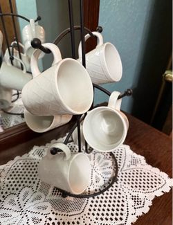 White Ceramic Mugs with Metal Mug Tree