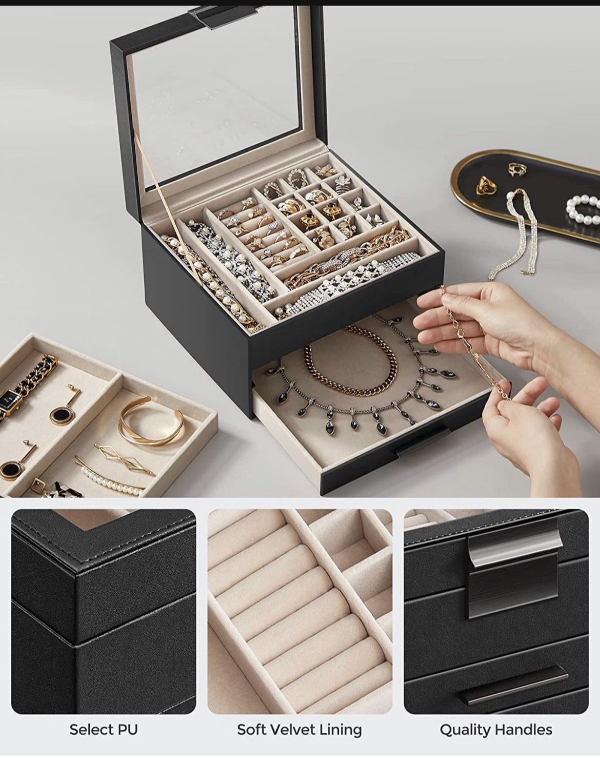 Jewelry Box with Glass Lid, 3-Layer Jewelry Organizer, 2 Drawers, Jewelry Storage