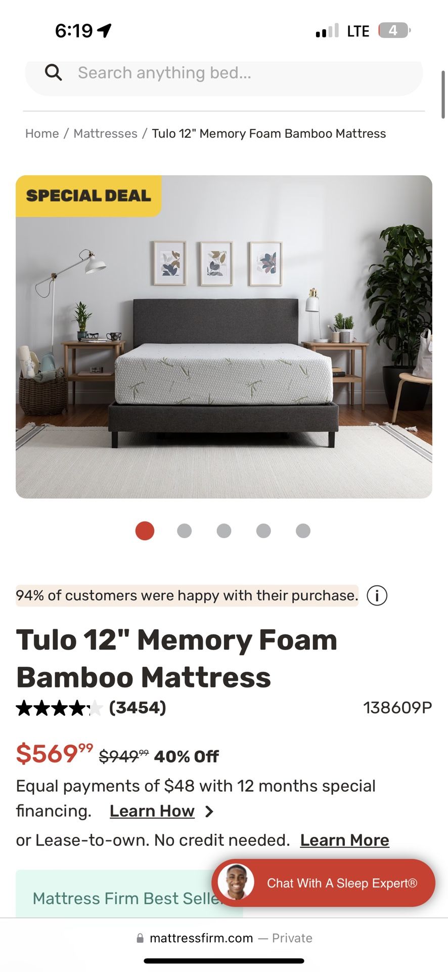 Tulo 12" Memory Foam Bamboo Mattress