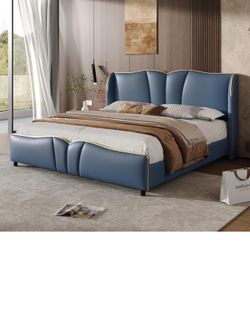 Brand New Queen Upholstered Bed Frame – Antique Blue Leather, Gold Trim