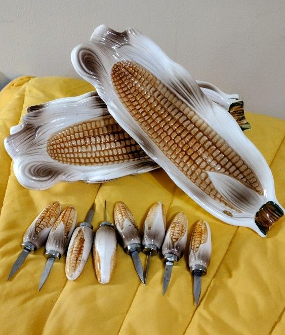 Vintage Ceramic Corn Dishes w/ Skewers