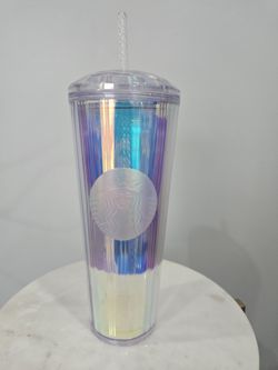 Starbucks Iridescent Unicorn Rainbow Diamond Crystal Cold Cup 24oz Venti Tumbler USED