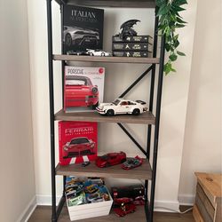 Industrial Wood & Metal Bookshelf with Car Decor (Great Condition)