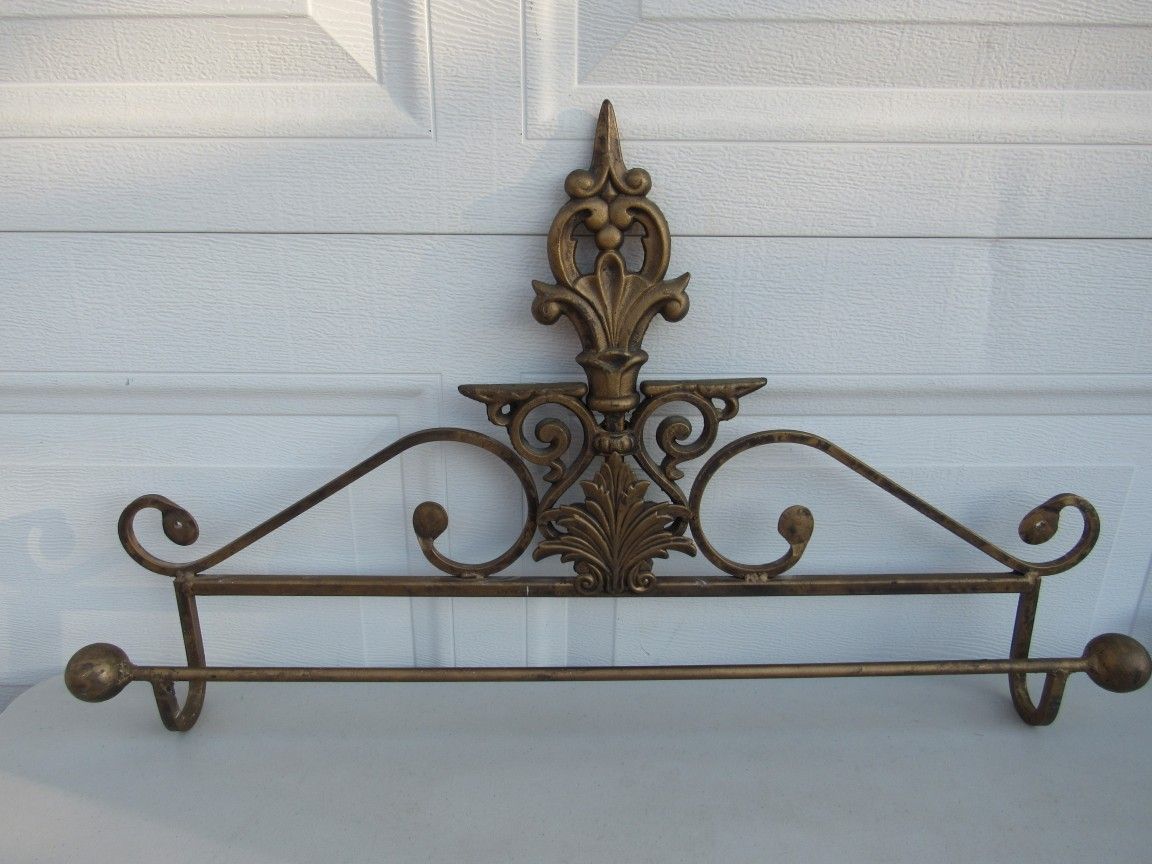 French Art Nouveau Gold Tone Wrought Iron Towel Rack 29" Length
