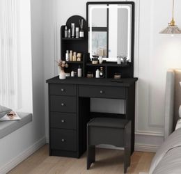 Vanity with Chair, Dressing Table with Lighted Rectangular Mirror, 5 Drawers and Shelves, Crystal Knobs, Black