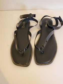 Rouge Helium Black Patent Ankle-Strap Sandals with Gold Stud Trim SIZE 11