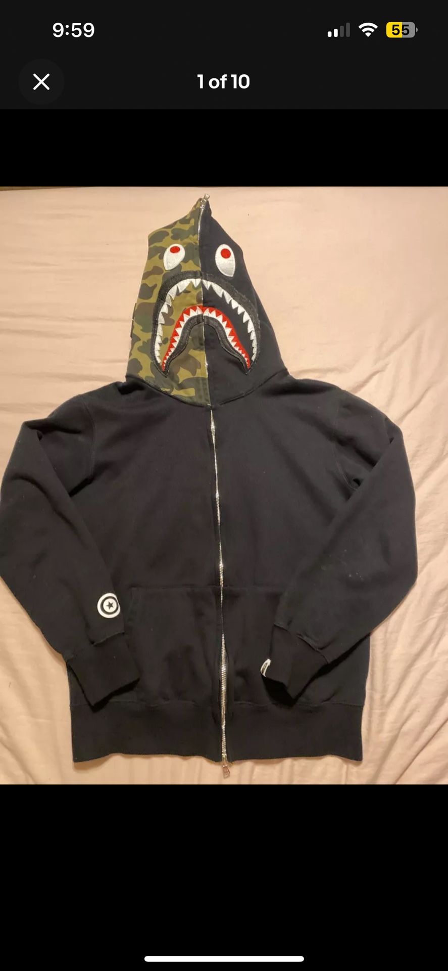 BAPE Shark Full Zip Hoodie Camo Hood Black Mens S