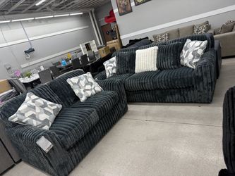 Dark Gray Ribbed Fabric Sofa and Loveseat Set