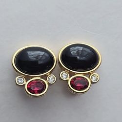 Monet Vintage Black & Red Cabochon Gold Clip On Earrings 