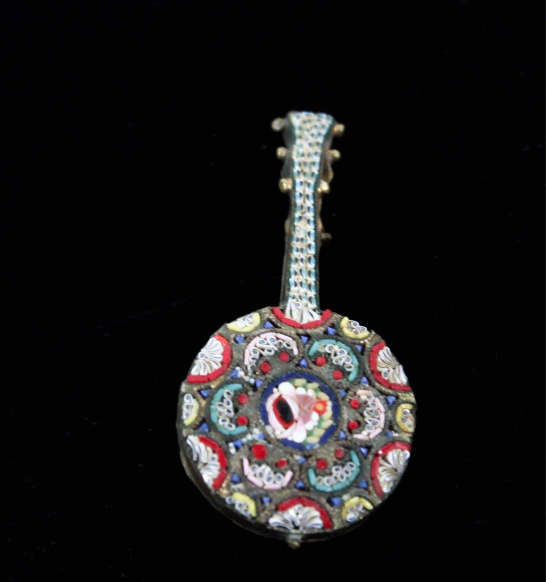 Vintage 1930s 1940s Mosaic Banjo Mediterranean Style Brooch Pin Made In Italy 