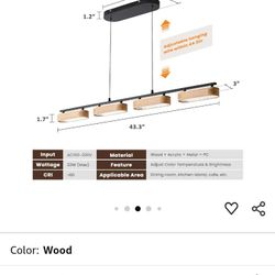 43.3" Linear Island Lights for Kitchen, 32W Wood Chandeliers for Dining Room, LED Rustic Dimmable Lighting Fixture for Farmhouse, 4-Light Pendant Ligh