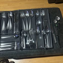 65 Assorted Silverware  Plus  Kitchen Silverware Tray 3 Pieces  / Aluminum Gray Tray 3 Pieces Drawer Organizer Can Make It Smaller Or Bigger 