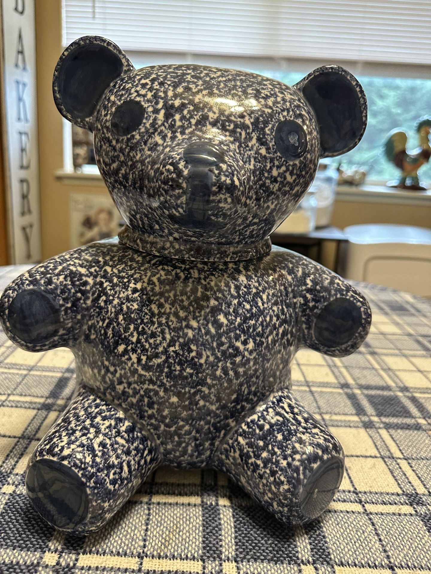 Vintage Ceramic Teddy Bear N S Gustin Blue Sponge Ware Cookie Jar