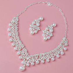 New Elegant Rhinestone & Faux Pearl Necklace Earrings Jewelry Set