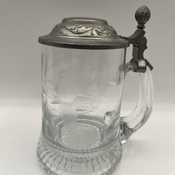 Vintage RASTAL Etched Glass Beer Mug with Tin Lid