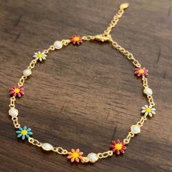 Gold Filled Colorful Flower Adjustable Anklet