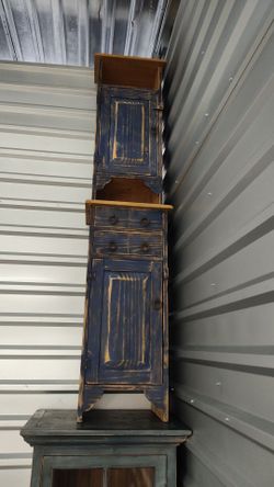 Distressed Solid Wood Tall Blue Double Stacked Cabinet