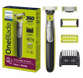 Philips Norelco OneBlade 360 Hybrid Face + Body Trimmer and Shaver 360 Blade Technology, 100% Showerproof, Stainless Steel Blade Lasts up to 4 months,