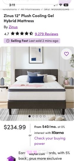 Zinus twin size 12" Plush Cooling Gel Hybrid Mattress