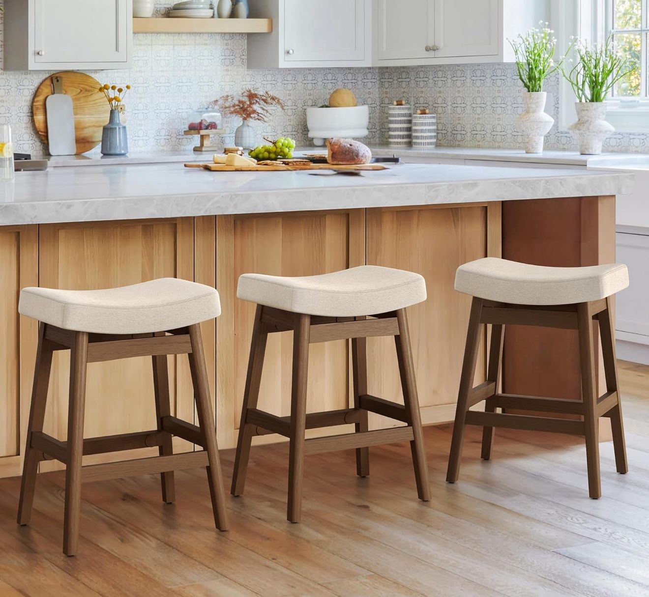 Bar Stools Set of 3, Barstools with Sturdy Wood Legs, Saddle Seat Counter Height Bar Stools for Kitchen Counter, Bar, Dining, 24 Inch Farmhouse Counte