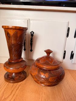Hand-Carved Wooden Vase and Lidded Jar Set