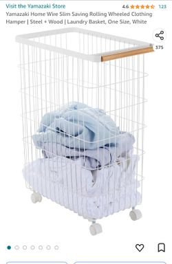 Yamazaki Home Wire Slim Saving Rolling Wheeled Clothing Hamper | Steel + Wood | Laundry Basket, One Size, White


