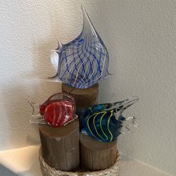 Glass Blown Fish With Wood Stand Display