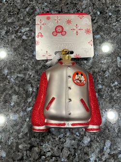 Disney Parks 2022 Mickey Mouse Club Varsity Jacket Blown Glass Ornament.  Brand new on original card.  Smoke free home