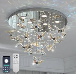 New 24in Butterfly K9 Crystal LED Chandelier Flush Mount Dimmable Remote App