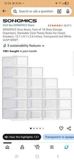 Shoe Boxes, Pack of 18 Shoe Storage Organizers, Stackable Clear Plastic Boxes for Closet Sneakers, 13.1 x 9.1 x 5.6 Inches, Transparent and White