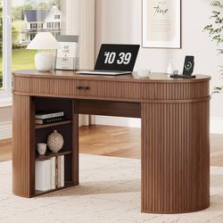 ONBRILL 55 Inch Fluted Home Office Desk with Open & Hidden Storage, Walnut