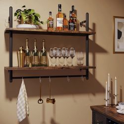 Pipe Shelf Industrial Floating Shelving 31" Kitchen Wall-Mounted Shelf with Towel Bar Hooks Coffee Bar Shelves Wine Hanging Display Rack Bookshelf Liv