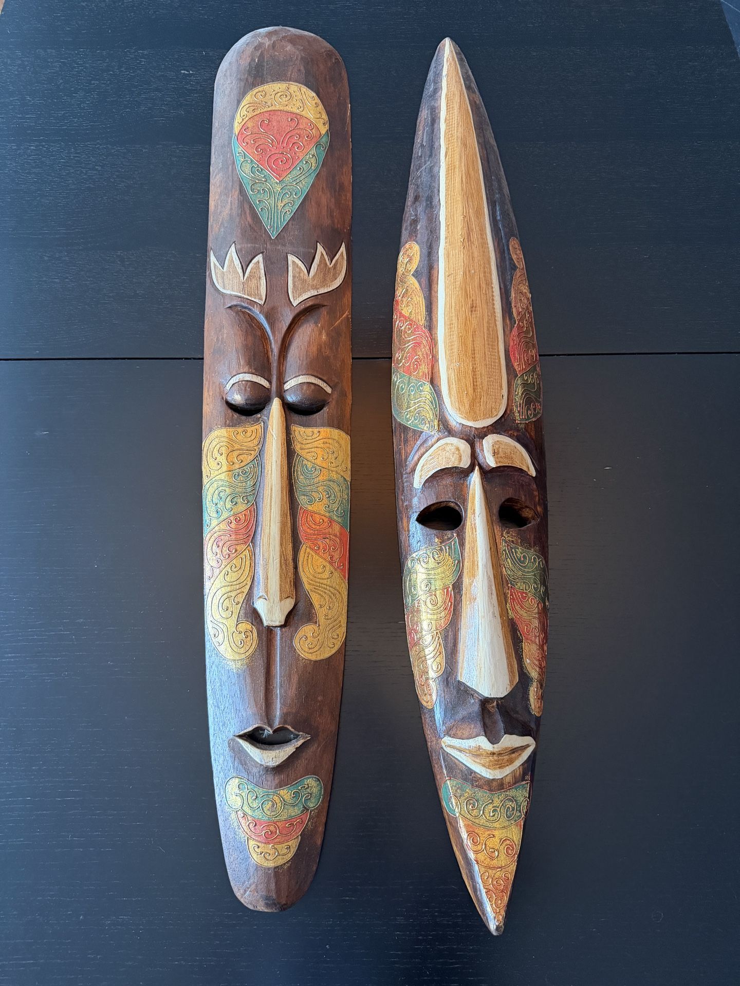 Set of 2 Hand-Carved Wooden Tribal Masks  - Wall Art