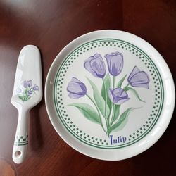 Pie Serving Plate & Serving Spatula With Purple Tulips And Leaves.