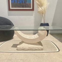 80s postmodern Curved Tessellated Stone Pedestal Glass Top coffee table & endtable
