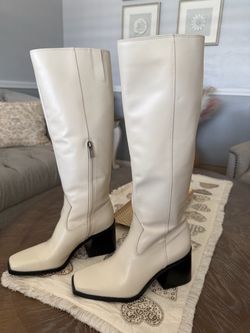 Cream Leather Knee-High Heeled Boots