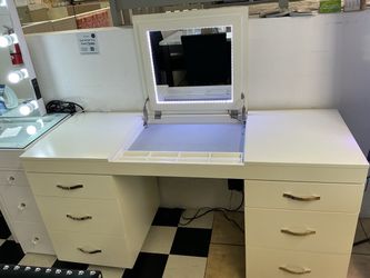 Modern Vanity Desk with LED Mirror & Hidden Storage – $599.99