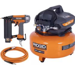 RIDGID 6 Gal. 150 PSI Portable Electric Oil-Free Jobsite Pancake Air Compressor with 25 ft. Air Hose and 18GA Brad Nailer