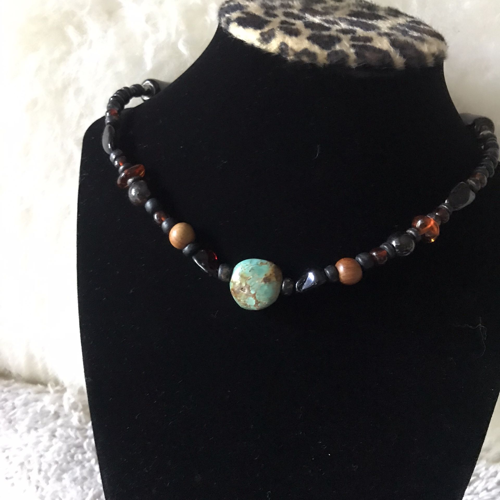 Vintage Real Turquoises Stone, Amber, Onyx And Another Semiprecious Stones Adjustable Necklace.