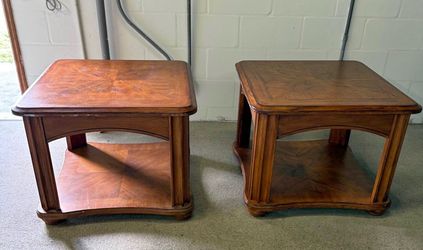 Pair of Vintage Starburst Parquet Square End Tables – Two-Tier Wood Side Tables
