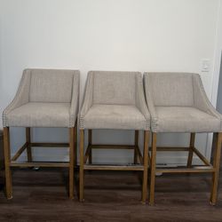 Light Grey / Taupe Linen Wood Barstool Chairs 