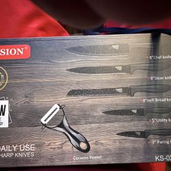 Kunsion KS-029 6-Piece Knife Set Chef Slicer Bread Utility Paring Peeler Black