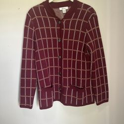 Ladies "The Tog Club" Burgundy Checkered Cardigan 