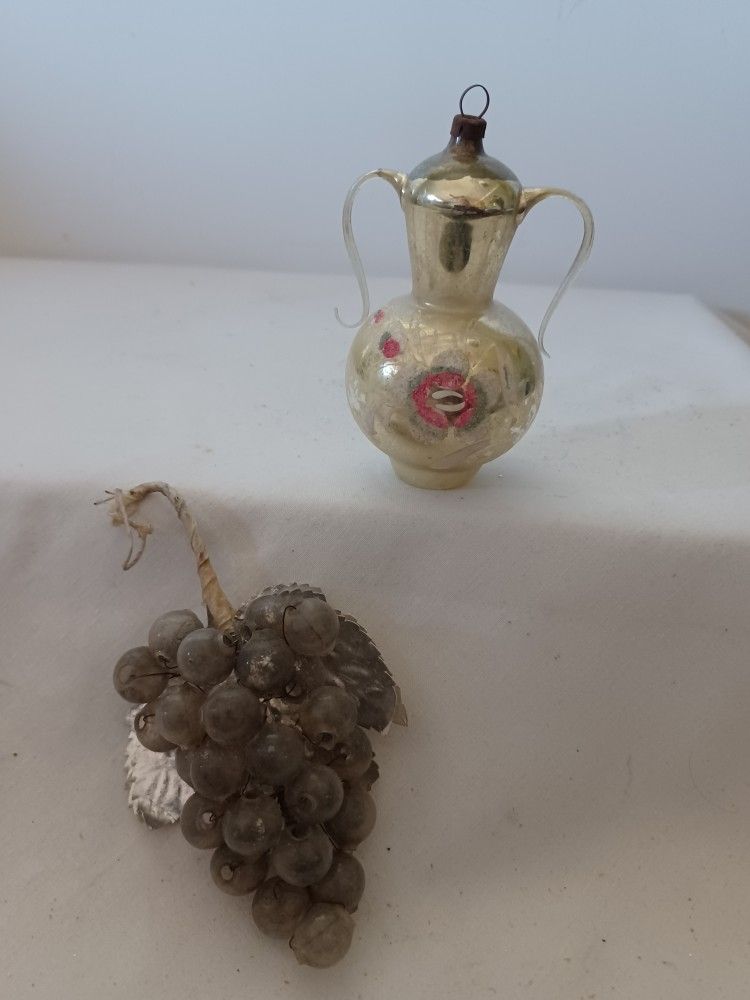 2 Vintage Mercury Glass Ornaments Bunch of Grapes & Urn