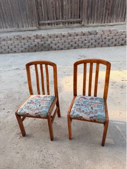 Pair of Vintage Wood Slat Back Dining Chairs with Tapestry Seats