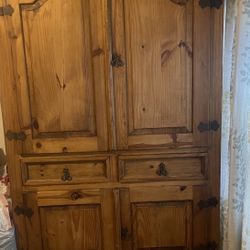 Solid wood armoire and two side tables natural finish with detail hardware