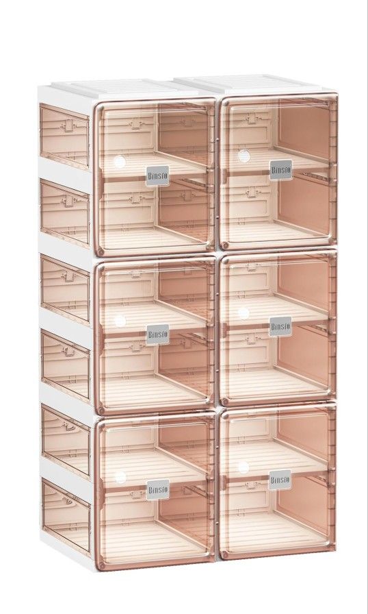 Shoe Rack Closet Organizer and Storage, Sturdy Plastic Shelf, Clear Brown Doors, 6 Tiers